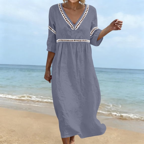 ClodeEU Women's Lace Trim V Neck 3/4 Sleeve Tunic Midi Dress,Casual Boho Beach Vacation Dress Gray,Women's Plus M