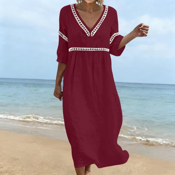 ClodeEU Women's Lace Trim V Neck 3/4 Sleeve Tunic Midi Dress,Casual Boho Beach Vacation Dress Wine,Women's Plus M