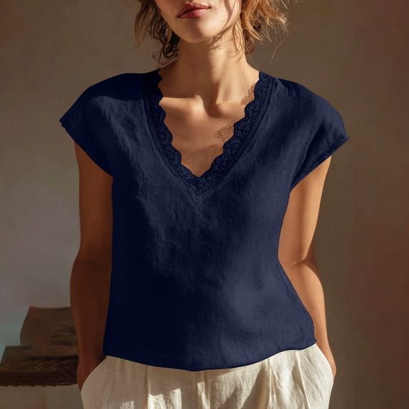 ClodeEU Women's Lace Trim V Neck Linen Blend Top,Casual Loose Trendy Blouse for Summer Dark Blue,Womens Plus L