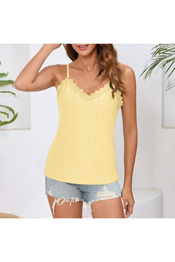 Women's Lace V Neck Camisole, Slim Fit Spaghetti Strap Basic Tank Top Yellow,Womens Plus M