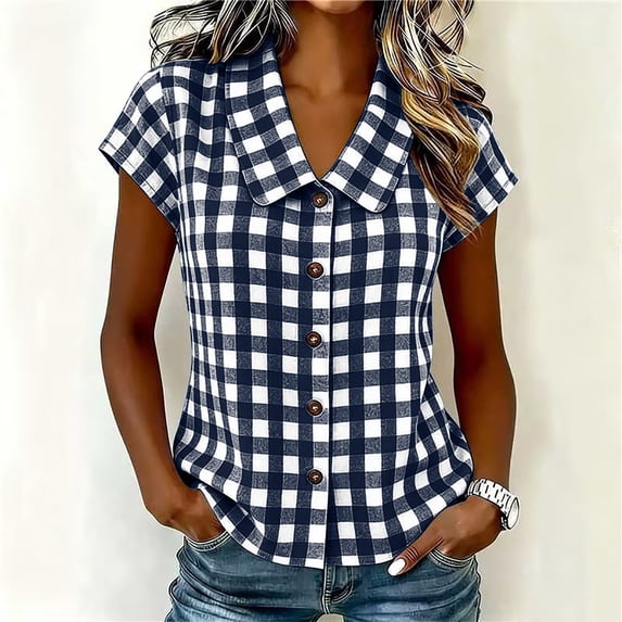 ClodeEU Women's Lapel Cap Short Sleeve Plaid Button Down Blouse,Slim Summer Shirt Top Brown,Women's Plus S
