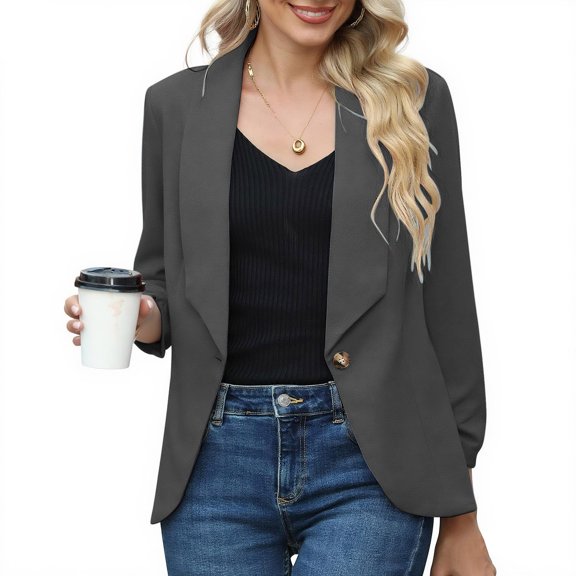 ClodeEU Women's Lapel Collar Blazer Jacket , Long Sleeve Lightweight Casual Fashion Work Jacket Suit with Button Gray,Womens Plus L