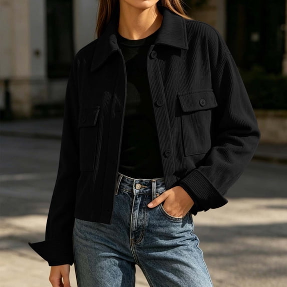 ClodeEU Women's Lapel Collar Button Down Cropped Jacket with Pockets,Casual Loose Vintage Outerwear Coat Black,Women's Plus S