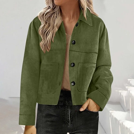 ClodeEU Women's Lapel Collar Button Down Long Sleeve Cropped Jacket,Vintage Casual Loose Coat Army Green,Women's Plus L