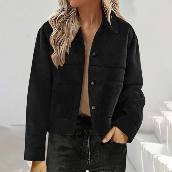 ClodeEU Women's Lapel Collar Button Down Long Sleeve Cropped Jacket,Vintage Casual Loose Coat Black,Women's Plus XXL