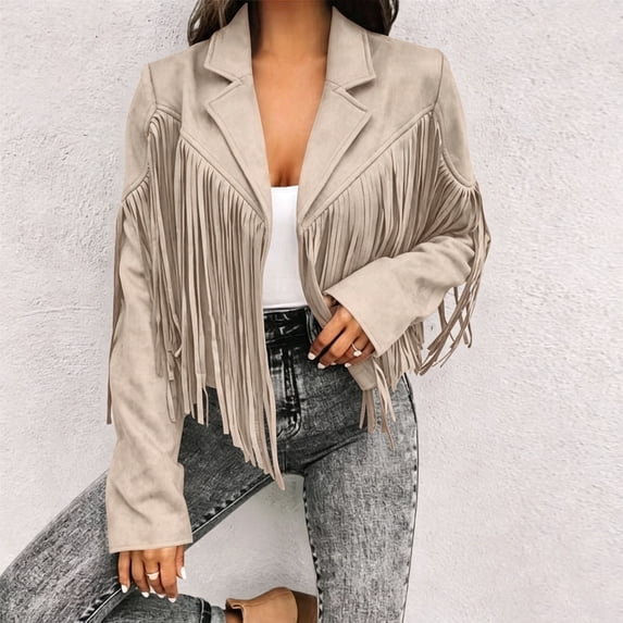 ClodeEU Women's Lapel Collar Fringe Tassel Cropped Suede Jacket,Long Sleeve Open Front Western Cowboy Style Outerwear Beige,Women's Plus L