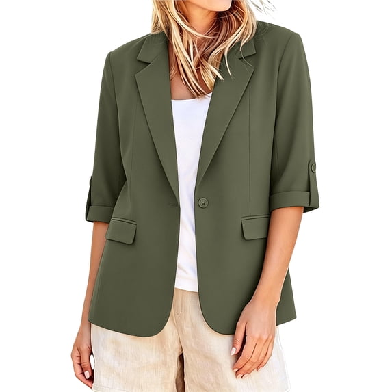 ClodeEU Women's Lapel Collar Single Button 3/4 Sleeve Blazer,Casual Office Short Suit Jacket Army Green,Women's Plus L