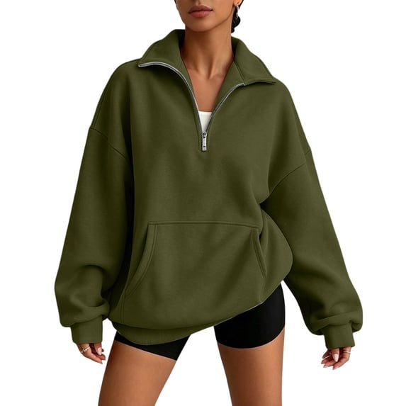 ClodeEU Women's Lapel Half Zip Oversized Sweatshirt with Pocket,Casual Loose Drop Shoulder Pullover Top Army Green,Women's Plus L