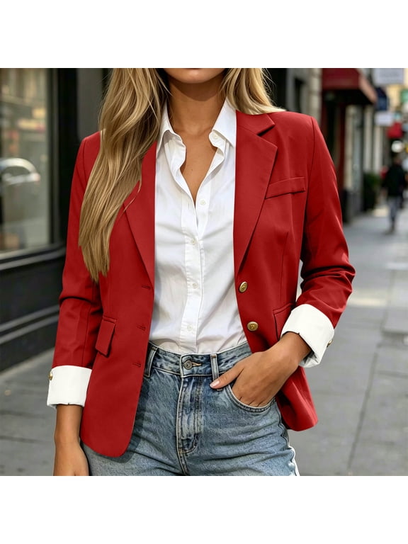 Women's Lapel Long Sleeve Blazer Jacket,Casual Work Office Solid Suit Coat with Pockets Red,Women's Plus XXS