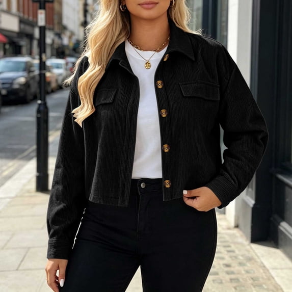 ClodeEU Women's Lapel Long Sleeve Button Down Cropped Corduroy Jacket,Casual Loose Coat Black,Women's Plus XXL