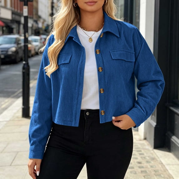 ClodeEU Women's Lapel Long Sleeve Button Down Cropped Corduroy Jacket,Casual Loose Coat Blue,Women's Plus S