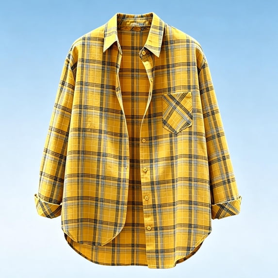 ClodeEU Women's Lapel Plaid Long Sleeve Button Down Shirt,Casual Slim Lightweight Blouse Yellow,Women's Plus S