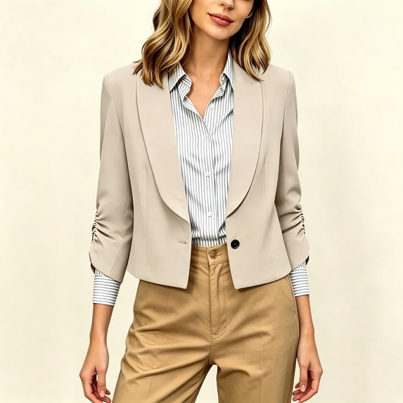 ClodeEU Women's Lapel Single Button 3/4 Sleeve Cropped Blazer,Lightweight Casual Work Jacket Beige,Women's Plus L