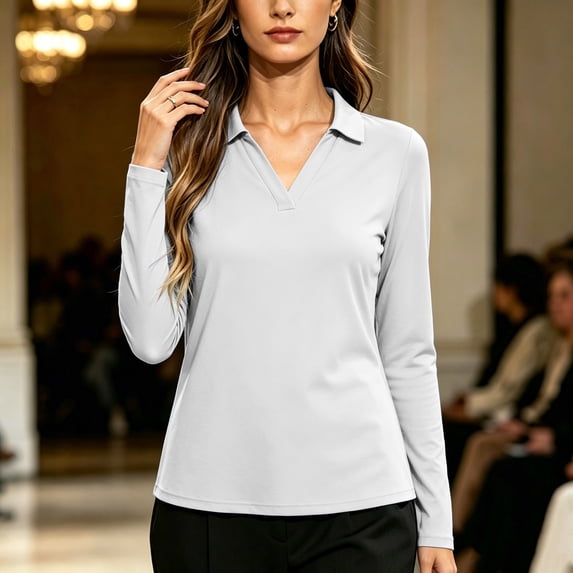 ClodeEU Women's Lapel V Neck Long Sleeve Top,Solid Color Casual Slim Fit Pullover Shirt White,Women's Plus L