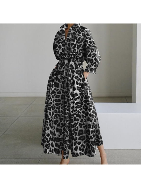U Women's Leopard Print Long Sleeve Lapel Midi Dress,Casual A Line Tunic Shirt Dress with Pockets Gray,Women's Plus XXL