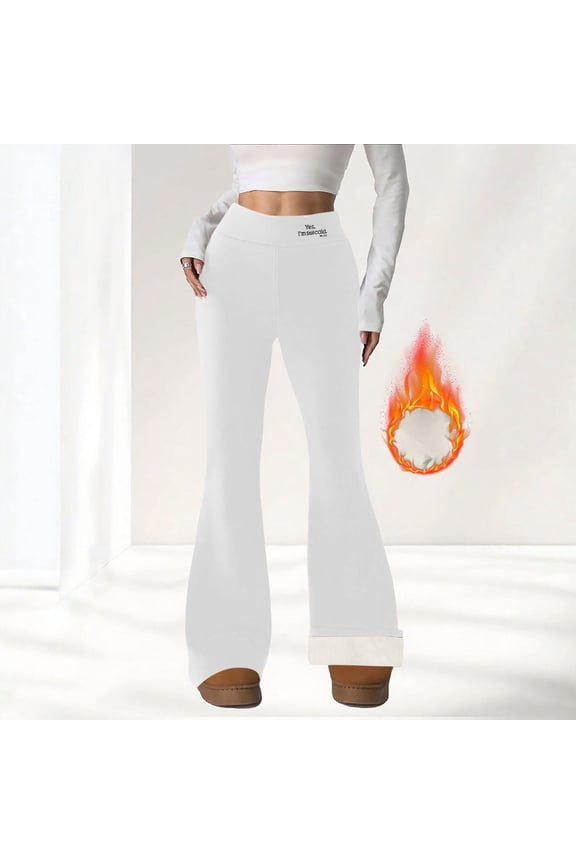 Women's Letter Print Plush Lined Double Faced Fleece Leggings,High Waist Flared Pants For Winter White,Womens Plus S
