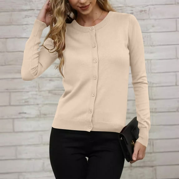 ClodeEU Women's Lightweight Crewneck Cardigan Sweater ,Classic Long Sleeve Button Down Knit Cardigan Beige,Womens Plus XL