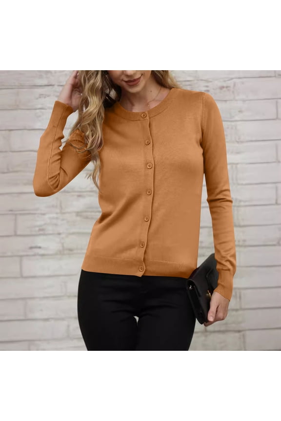 Women's Lightweight Crewneck Cardigan Sweater ,Classic Long Sleeve Button Down Knit Cardigan Brown,Womens Plus XXL