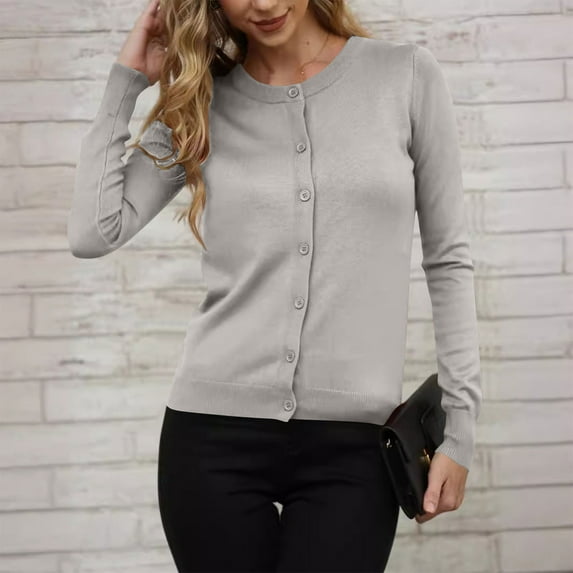 ClodeEU Women's Lightweight Crewneck Cardigan Sweater ,Classic Long Sleeve Button Down Knit Cardigan Gray,Womens Plus M