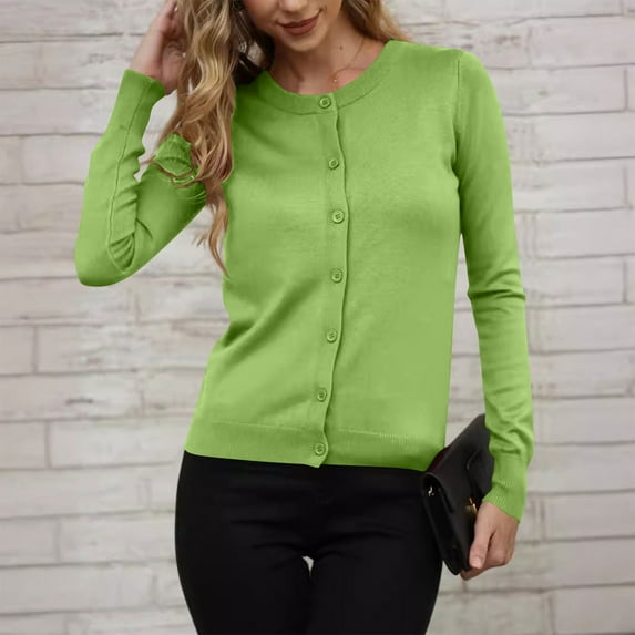 ClodeEU Women's Lightweight Crewneck Cardigan Sweater ,Classic Long Sleeve Button Down Knit Cardigan Green,Womens Plus M