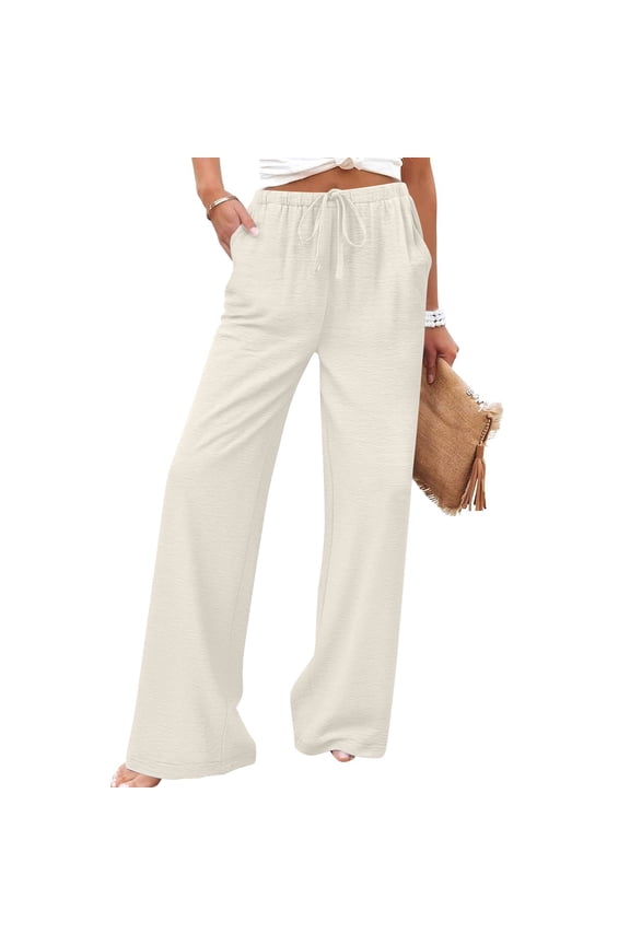Women's Lightweight High Waisted Wide Leg Linen Pants ,Palazzo Adjustable Tie Knot Flowy Trousers with Pockets Beige,Womens Plus L