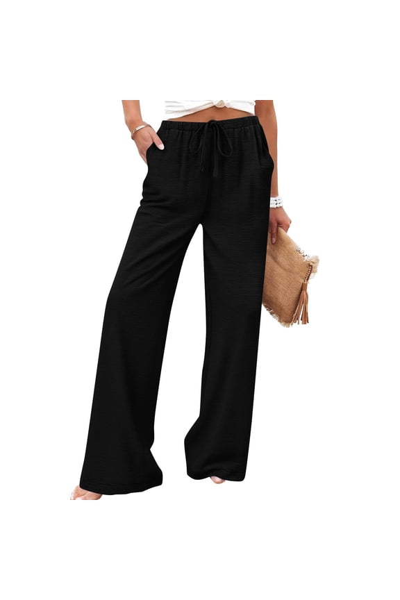 Women's Lightweight High Waisted Wide Leg Linen Pants ,Palazzo Adjustable Tie Knot Flowy Trousers with Pockets Black,Womens Plus L