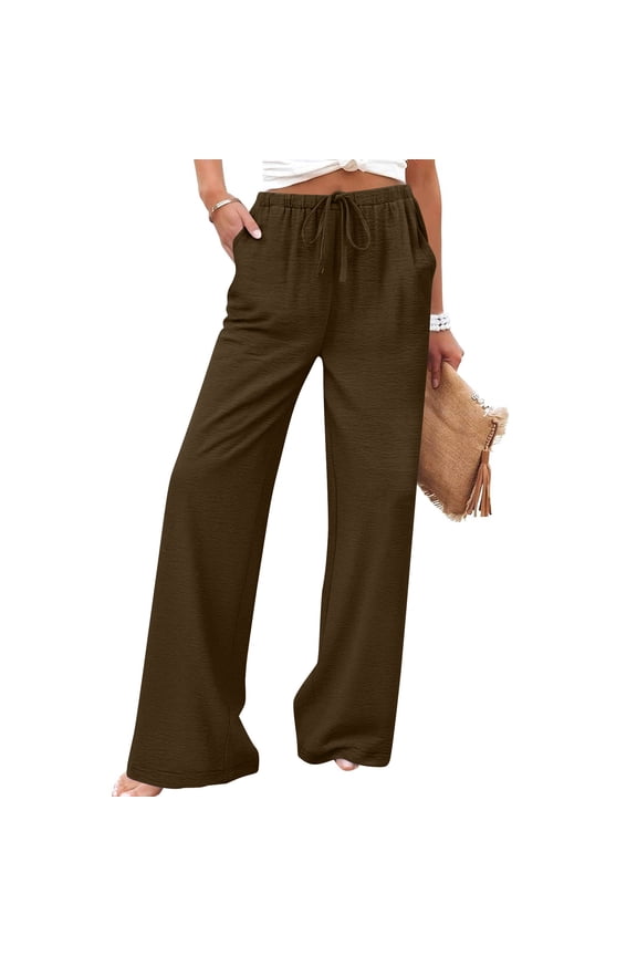 Women's Lightweight High Waisted Wide Leg Linen Pants ,Palazzo Adjustable Tie Knot Flowy Trousers with Pockets Brown,Womens Plus XXL