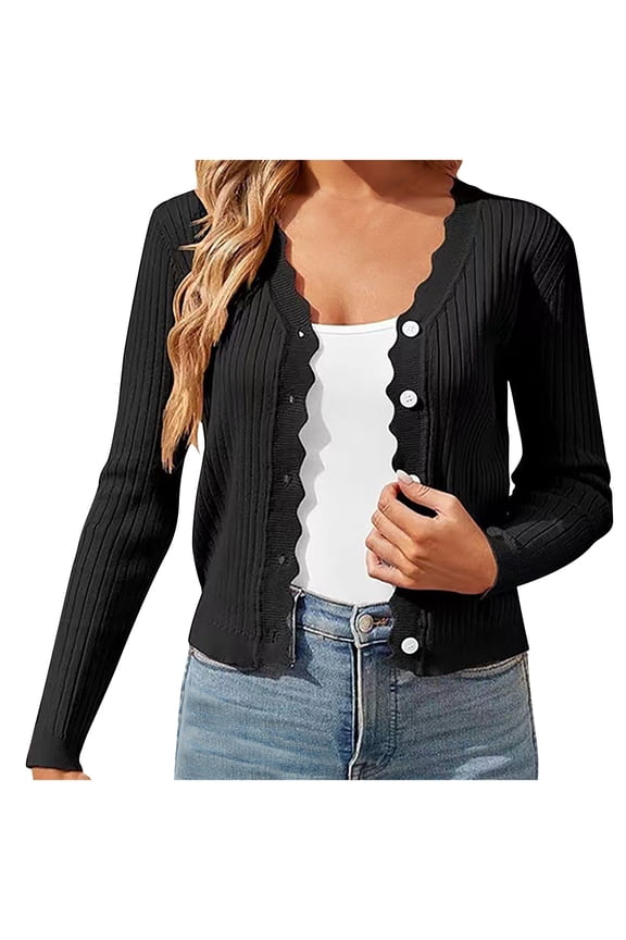 Women's Lightweight Long Sleeve Knit Cardigan,Button Down Casual Cropped Sweater Black,Womens Plus XL