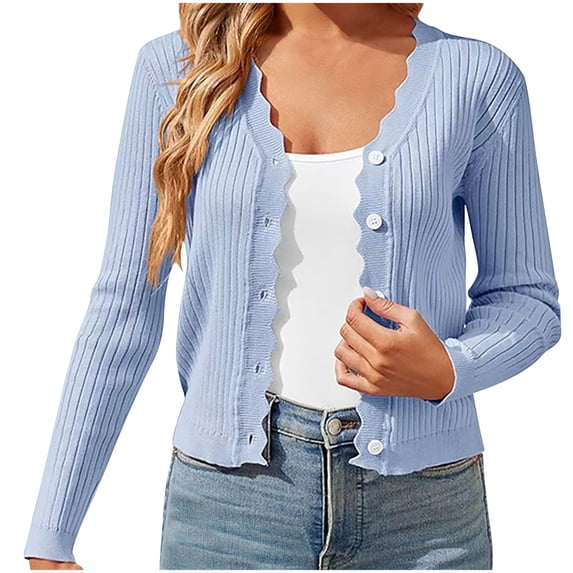 ClodeEU Women's Lightweight Long Sleeve Knit Cardigan,Button Down Casual Cropped Sweater Light Blue,Womens Plus L