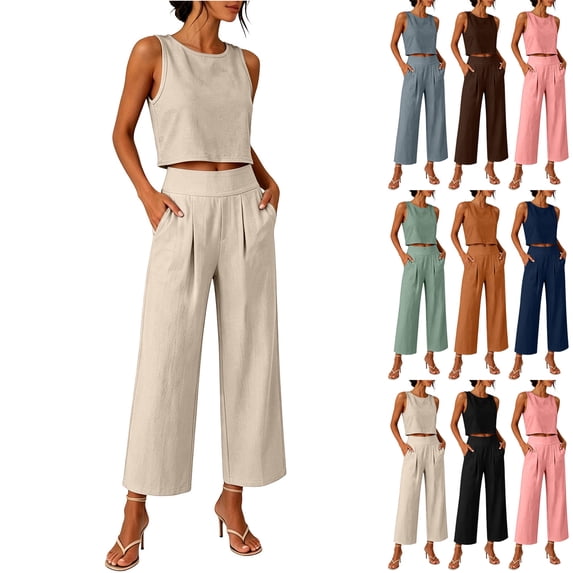 ClodeEU Women's Linen 2 Piece Outfit ,Sleeveless Crewneck Tank Top and Straight Leg Cropped Pants Set ,Casual Summer Office Wear Brown,Women's Plus S