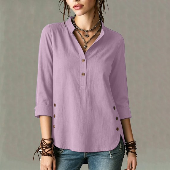 ClodeEU Women's Linen 3/4 Sleeve Crewneck Button Shirt with Side Slit,Solid Color Casual Summer Top Pink,Women's Plus S
