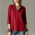 thumbnail image 1 of ClodeEU Women's Linen 3/4 Sleeve Crewneck Button Shirt with Side Slit,Solid Color Casual Summer Top Red,Women's Plus XXL, 1 of 9