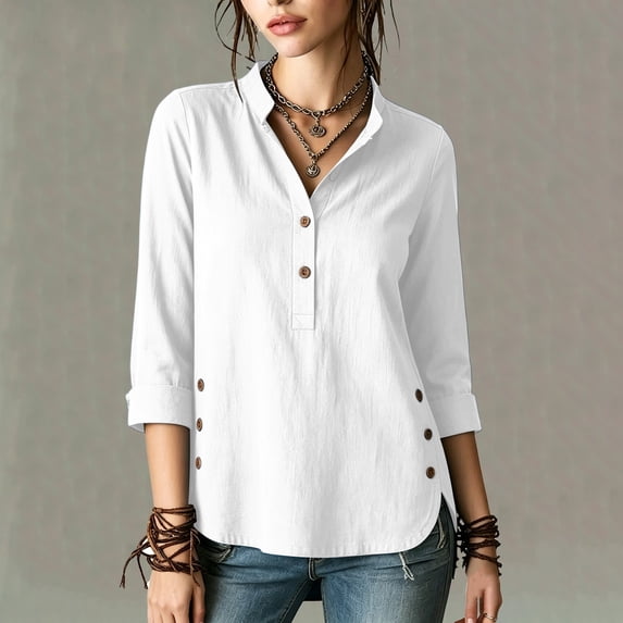 ClodeEU Women's Linen 3/4 Sleeve Crewneck Button Shirt with Side Slit,Solid Color Casual Summer Top White,Women's Plus S