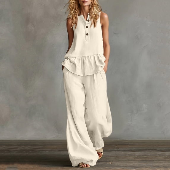 ClodeEU Women's Linen Blend 2 Piece Outfit,Sleeveless Henley Ruffle Top and Wide Leg Pants Set Beige,Women's Plus L