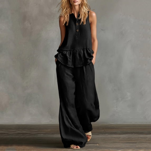 ClodeEU Women's Linen Blend 2 Piece Outfit,Sleeveless Henley Ruffle Top and Wide Leg Pants Set Black,Women's Plus XL