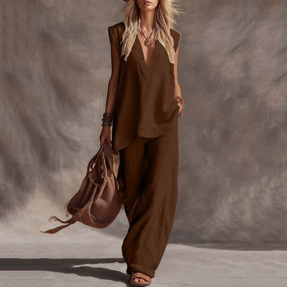 ClodeEU Women's Linen Blend 2 Piece Outfit, V Neck Short Sleeve Top and Wide Leg Pants Set, Casual Beachwear and Vacation Outfit Brown,Women's Plus XXL