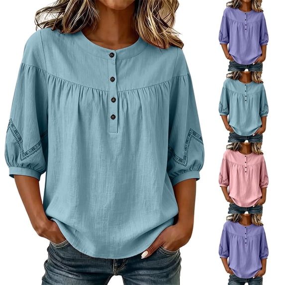 ClodeEU Women's Linen Blend 3/4 Sleeve Crewneck Shirt Top ,Solid Color Casual Loose Fit Summer Blouse Blue,Women's Plus L