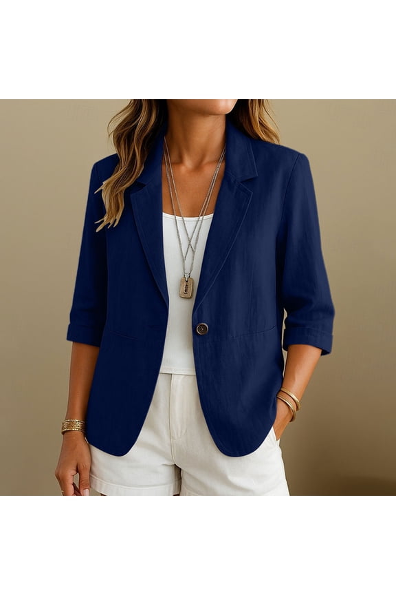 Women's Linen Blend 3/4 Sleeve Single Button Blazer,Casual Work Jacket with Pockets Navy,Women's Plus XXL