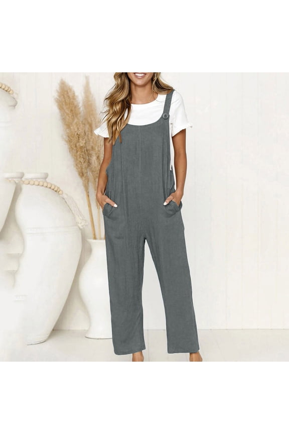 Women's Linen Blend Bib Overalls,Button Jumpsuit with Double Pockets Dark Gray,Womens Plus XL