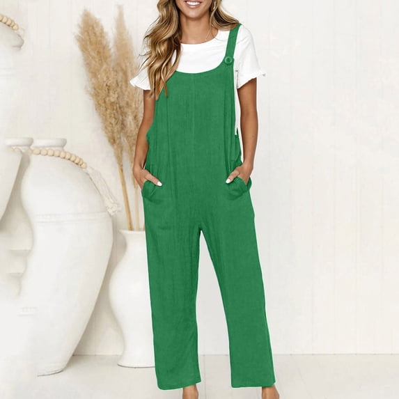ClodeEU Women's Linen Blend Bib Overalls,Button Jumpsuit with Double Pockets Green,Womens Plus XXXXL