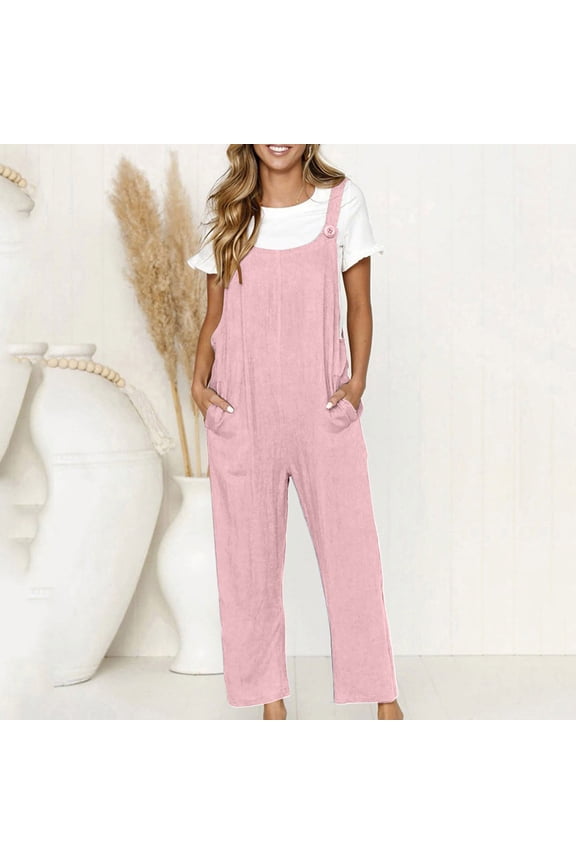 Women's Linen Blend Bib Overalls,Button Jumpsuit with Double Pockets Pink,Womens Plus S