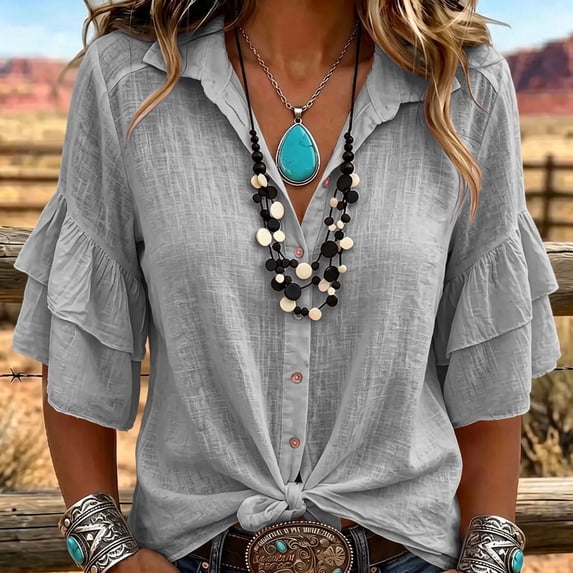 ClodeEU Women's Linen Blend Button 3/4 Sleeve Shirt with Tiered Ruffle ,Solid Color Casual Blouse Gray,Women's Plus XXL