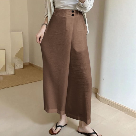 ClodeEU Women's Linen Blend Button Elastic Waist Wide Leg Pants with Side Pockets ,Loose Fit Casual Trousers Coffee,Womens Plus S
