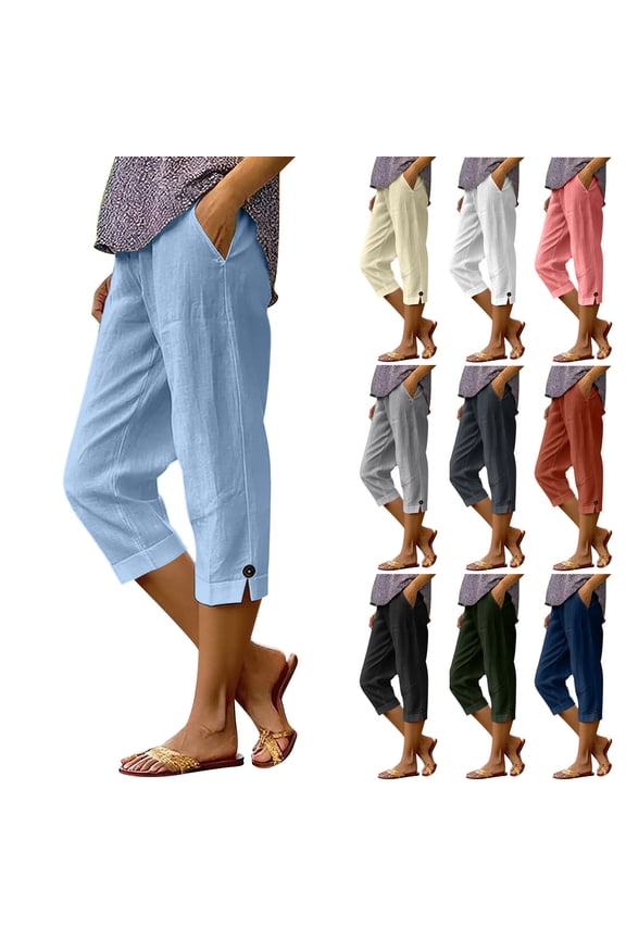 Women's Linen Blend Capri Pants,Casual Rolled Cuff Cropped Pants with Pockets Army Green,Women's Plus L
