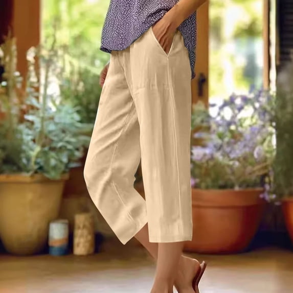 ClodeEU Women's Linen Blend Capri Pants for Summer, Elastic Waist Casual Pant with Pockets Beige,Womens Plus XXL