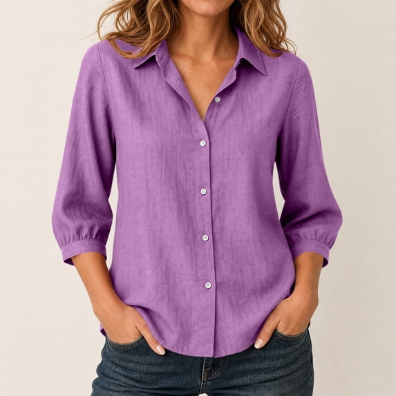 ClodeEU Women's Linen Blend Collar Button 3/4 Sleeve Shirt,Solid Color Casual Blouse Purple,Women's Plus XXL