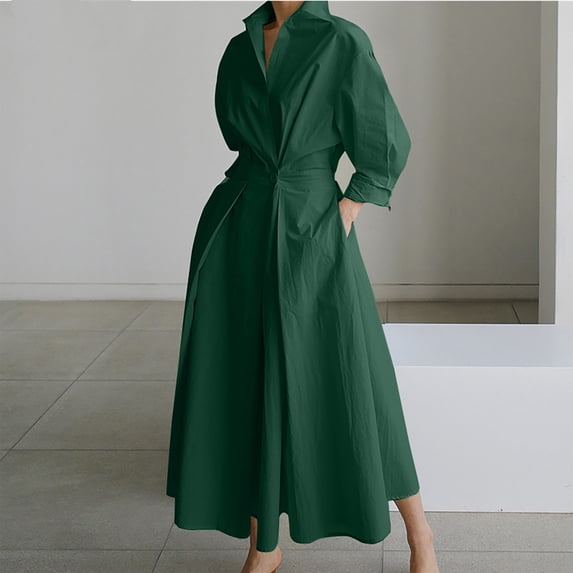 ClodeEU Women's Linen Blend Collared V Neck High Waist Long Sleeve Maxi Dress ,Solid Color Casual Loose Fit Dress Green,Women's Plus M