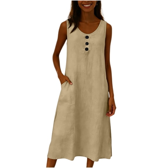 ClodeEU Women's Linen Blend Crinkle Sleeveless Crewneck Dress with Button and Pockets ,Solid Color Casual Midi Dress Khaki,Womens Plus XL