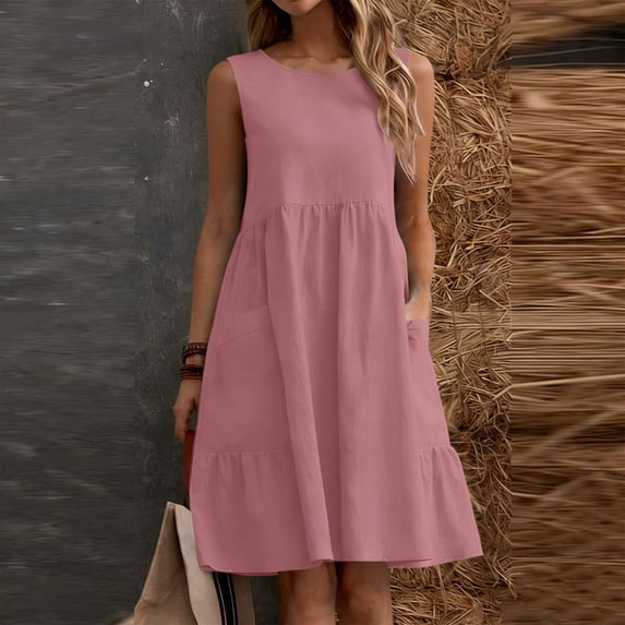ClodeEU Women's Linen Blend Crinkle Sleeveless Crewneck Dress with Pockets ,Solid Color Casual Midi Dress Pink,Womens Plus XXL