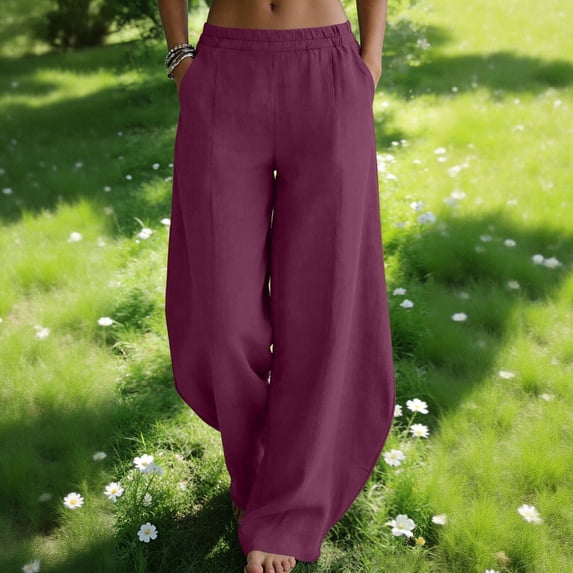 ClodeEU Women's Linen Blend Culottes,Casual Wide Leg Palazzo Pants with Curved Hem Hot Pink,Womens Plus L